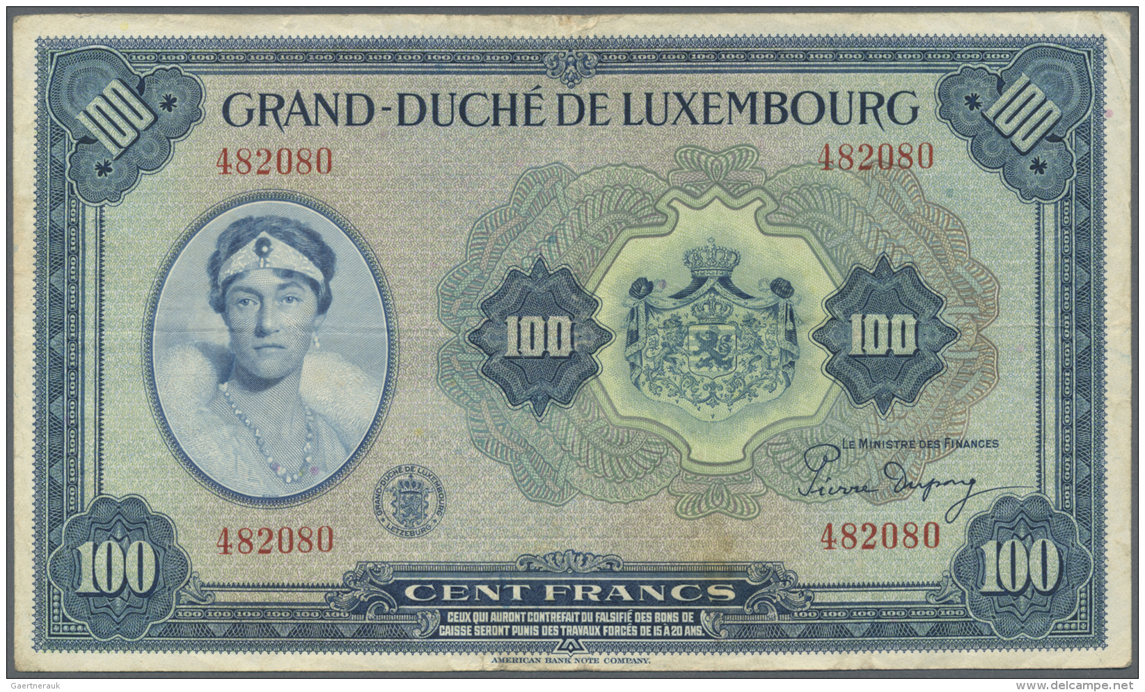 Luxembourg: 100 Francs ND(1944) P. 47a, Used With Center Fold, Creases In Paper, Normal Traces Of Use But No Holes Or Te - Lussemburgo