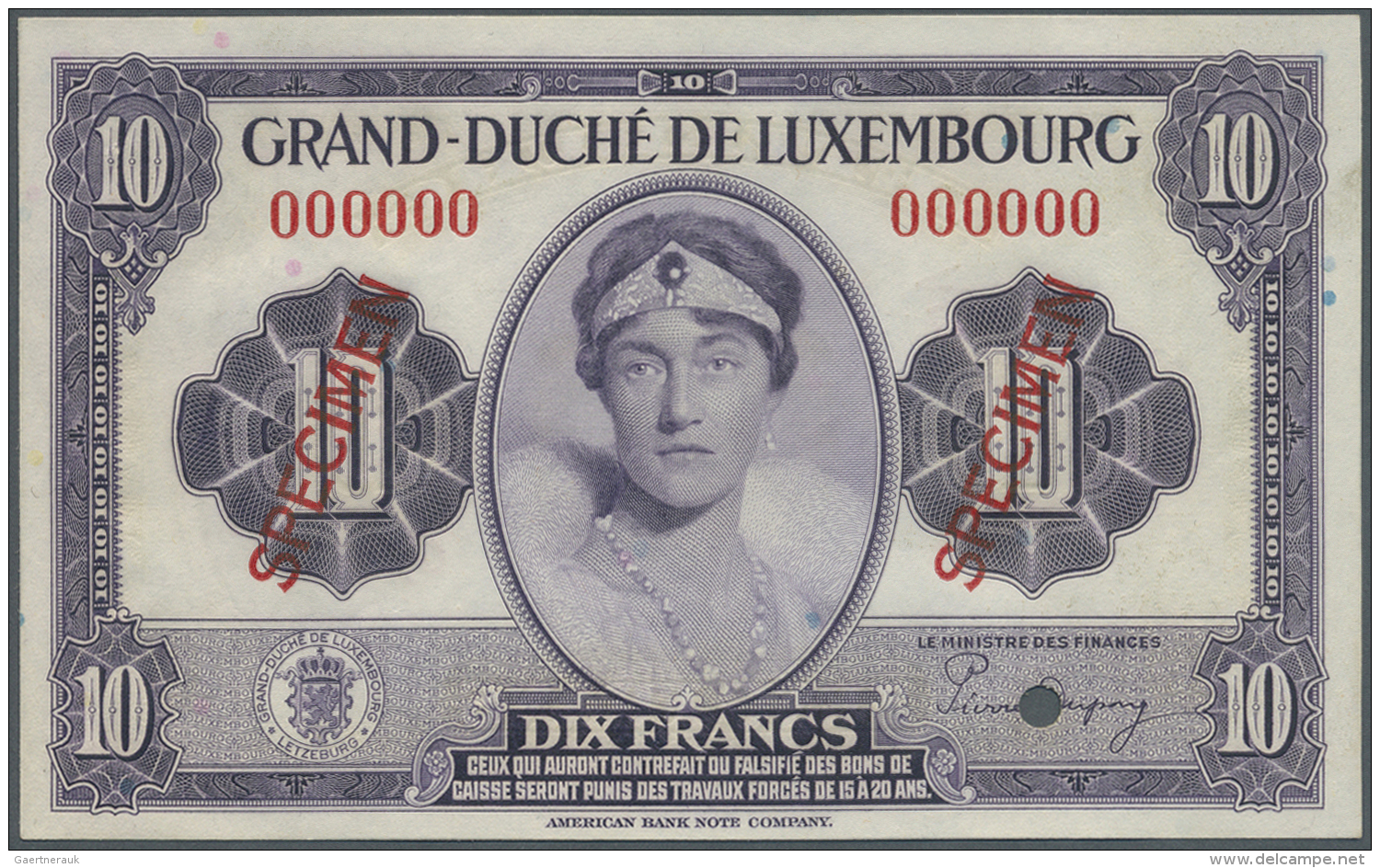 Luxembourg: 10 Francs 1944 Specimen P. 44s, Zero Serial Numbers, Cancellation Hole, Specimen Overprint, One Vertical Ben - Luxembourg