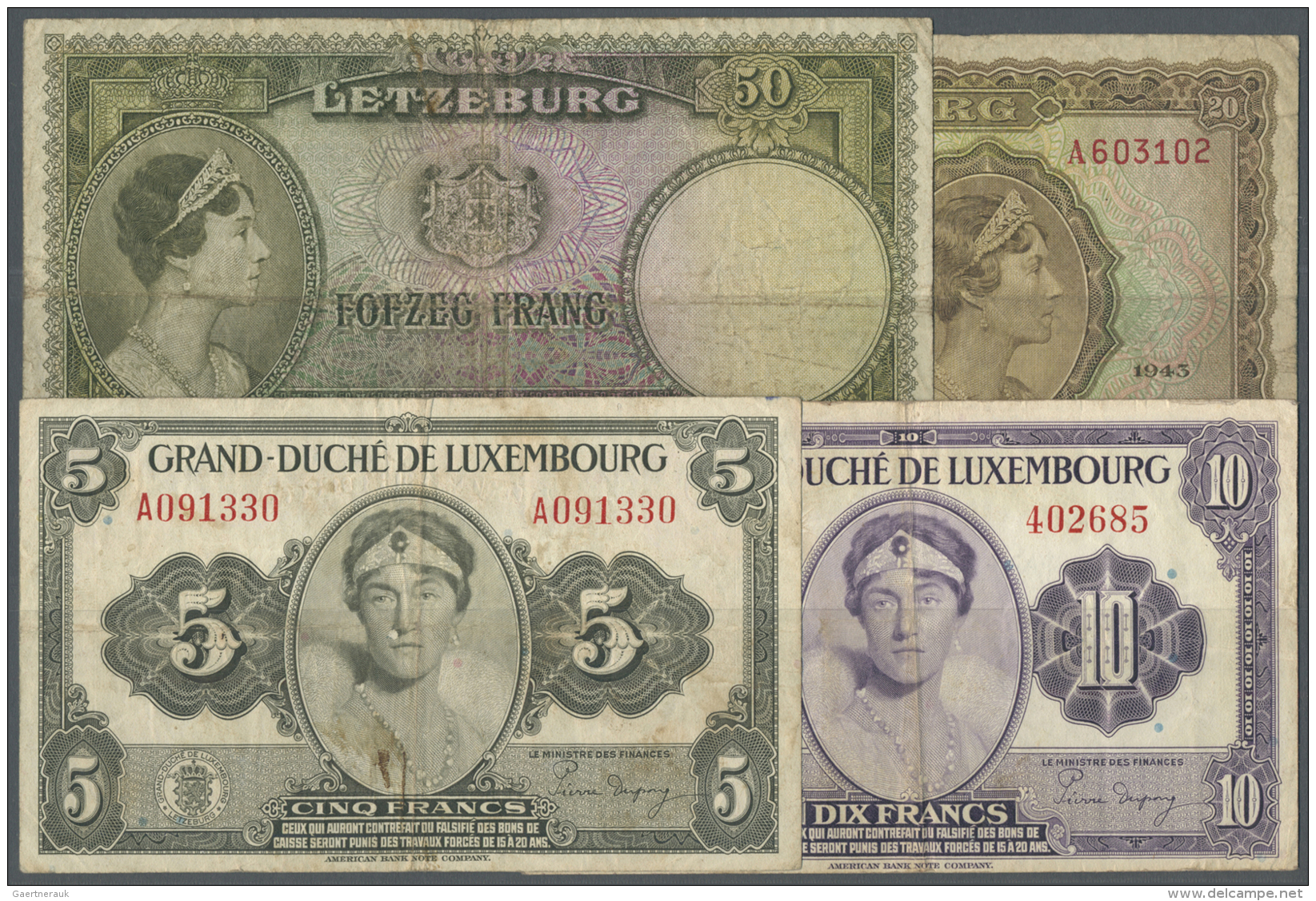 Luxembourg: Set Of 4 Pcs Containing 20 Francs 1943 P. 42 (F), 5 Francs ND(1944) P. 43, 10 Francs ND(1944) P. 44 (F) And - Luxembourg