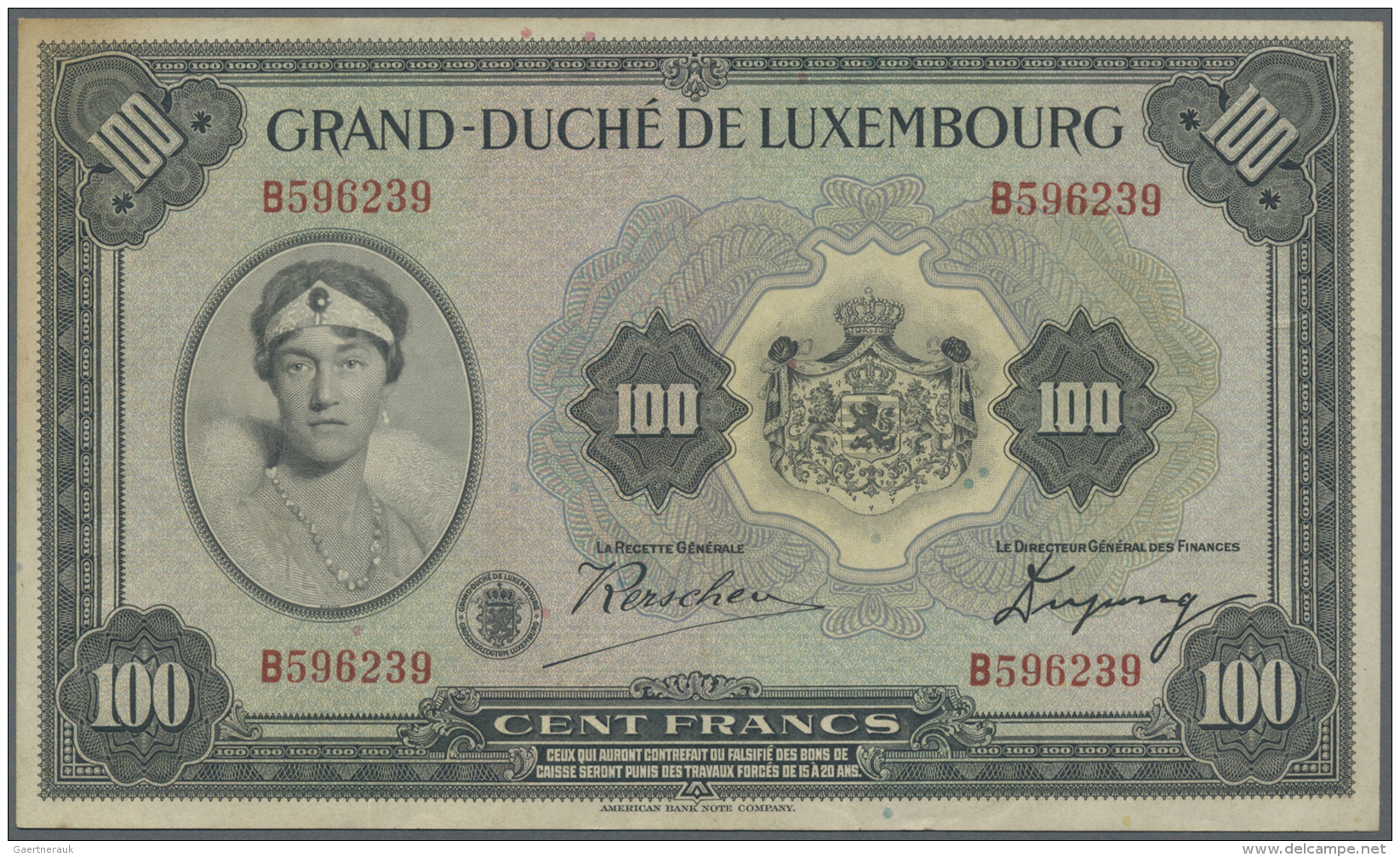 Luxembourg: 100 Francs ND(1934) P. 39a, Three Very Light Vertical Folds, No Horizontal Fold, No Holes, No Tears, Strong - Luxembourg
