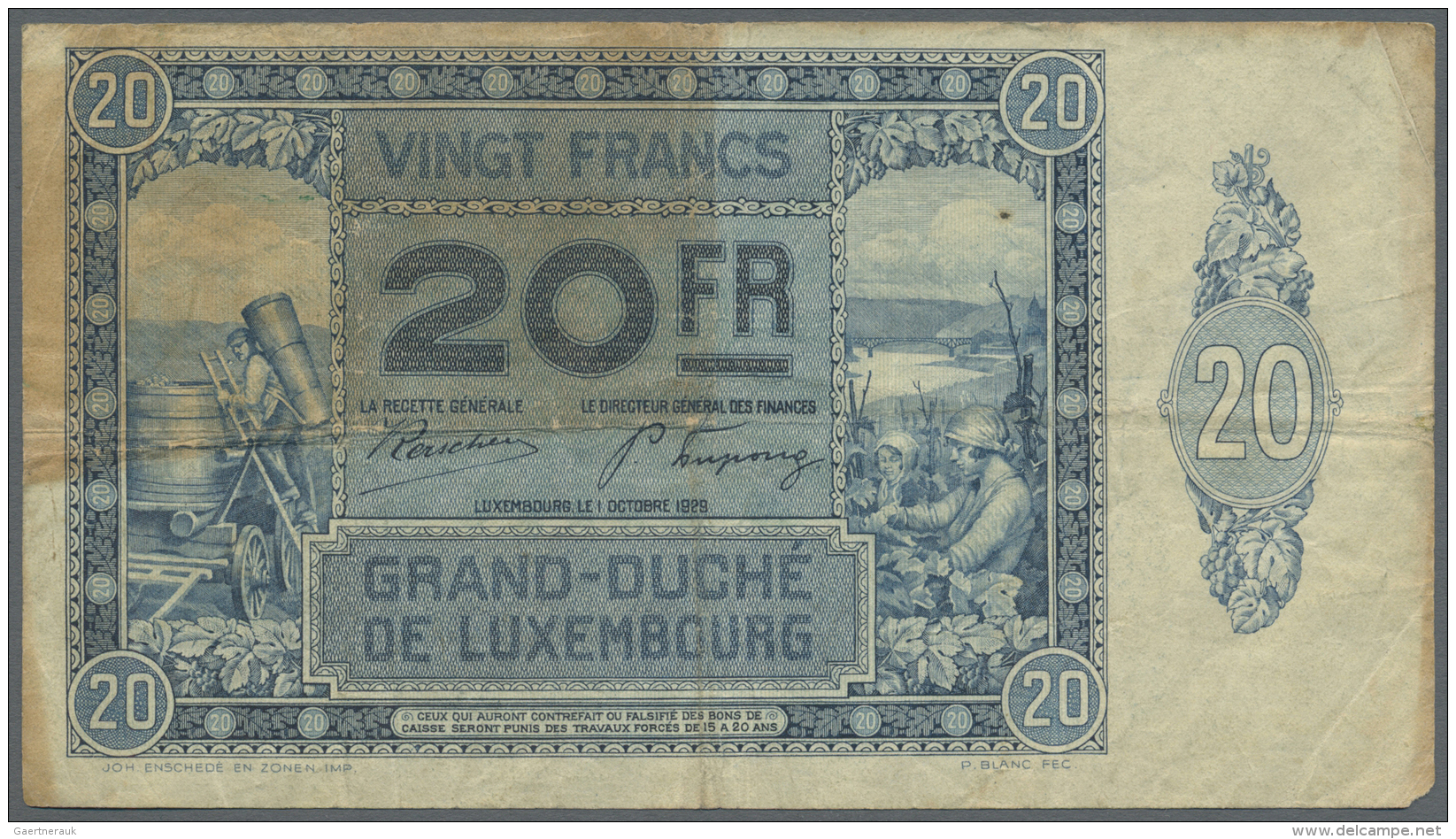 Luxembourg: 20 Francs 1929 P. 37a In Condition: F-. - Lussemburgo