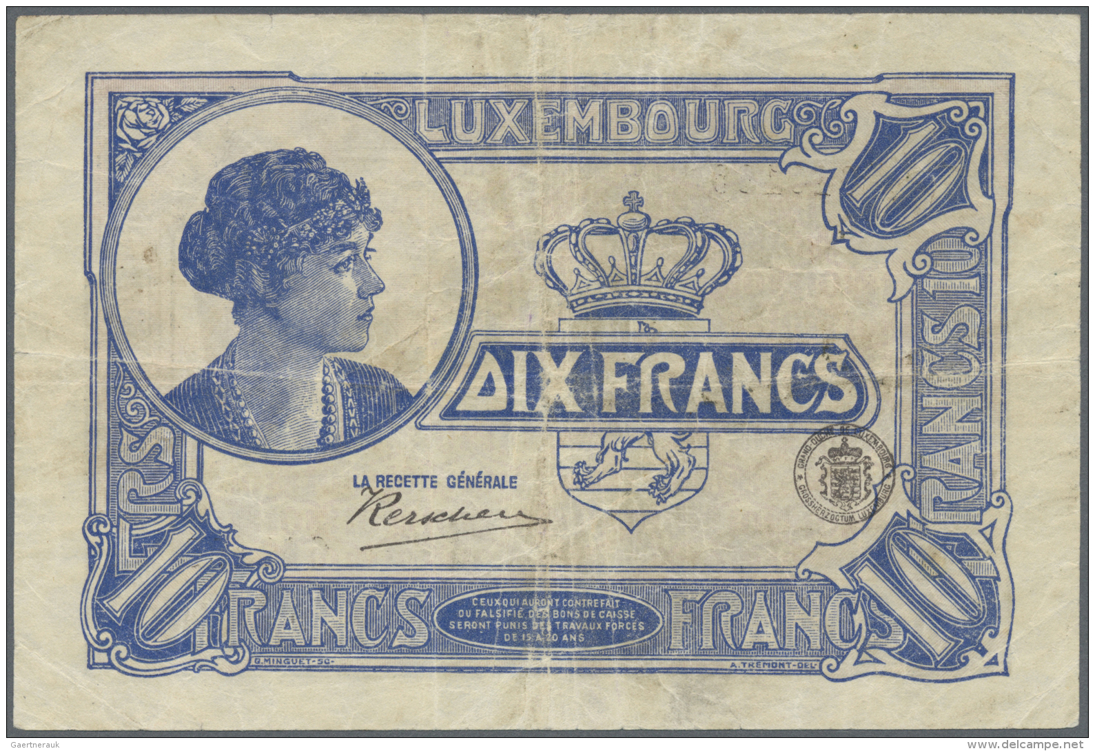 Luxembourg: 10 Francs ND P. 34, Stronger Center And Horizontal Fold, Tiny Center Hole, No Tears, Probably Pressed Dry, S - Luxembourg