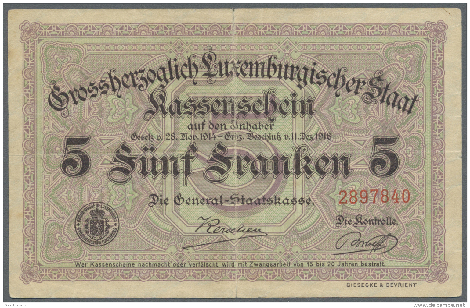 Luxembourg: 5 Francs 1914-1918 P. 29c In Condition: F+. - Lussemburgo