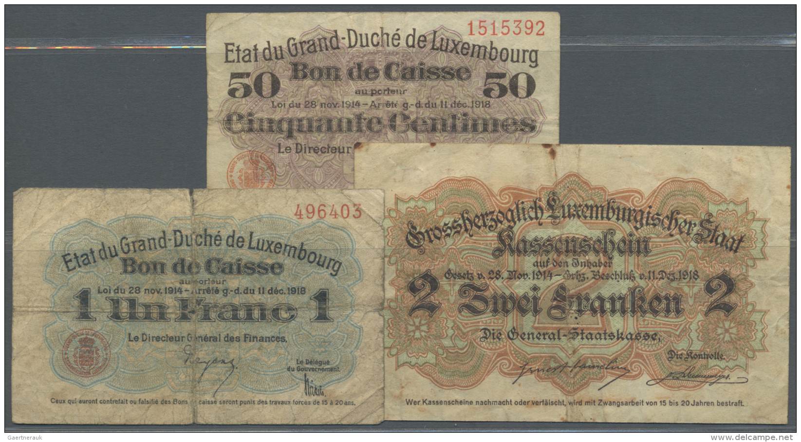 Luxembourg: Set Of 3 Notes Containing 50 Centimes 1914-1918 P. 26 (F-), 1 Franc 1914-1928 P. 27 (VG+) And 2 Francs 1914- - Luxembourg
