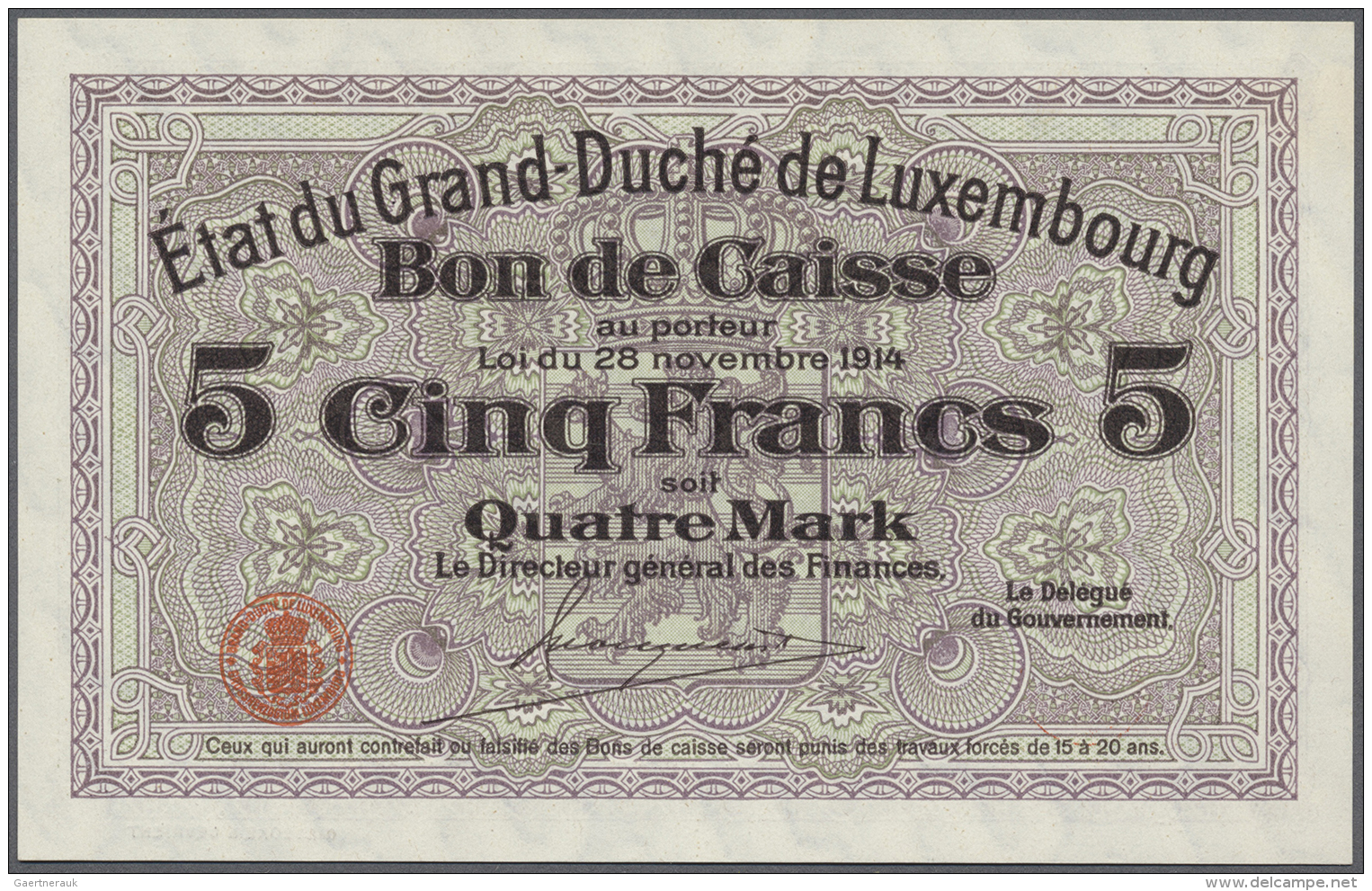 Luxembourg: 5 Francs 1914 P. 23r Remainder, Only A Slight Corner Dint Otherwise Perfect Condition: AUNC. - Lussemburgo