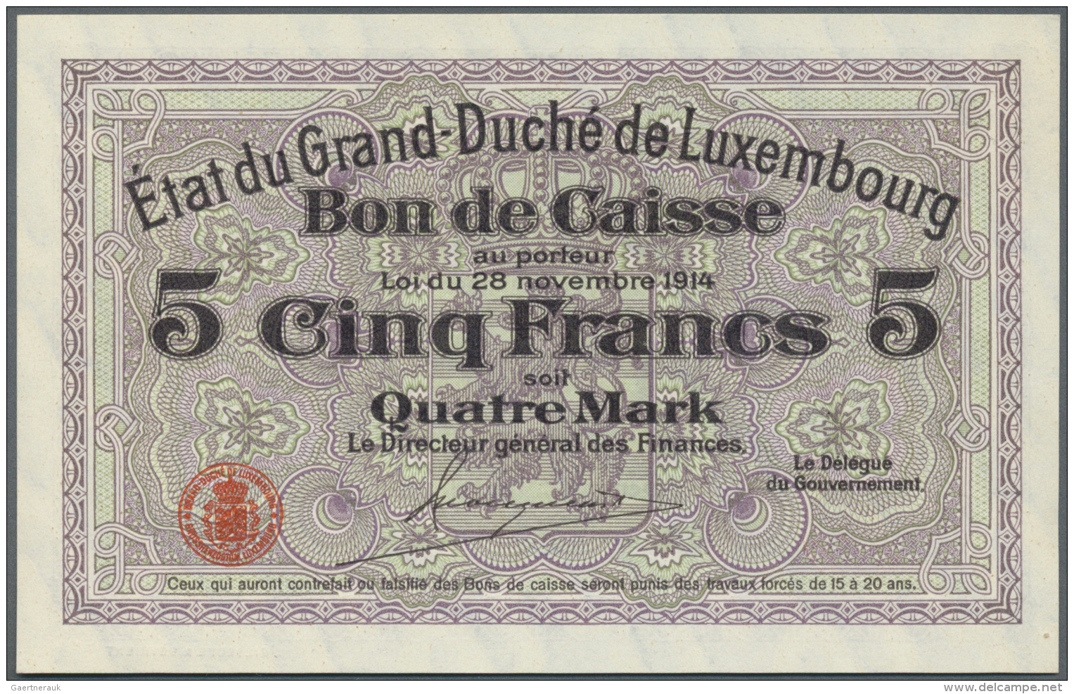 Luxembourg: 5 Francs = 4 Mark L.1914, P.23, Tiny Spot At Lower Right Corner, Otherwise Perfect. Condition: AUNC/UNC - Luxembourg