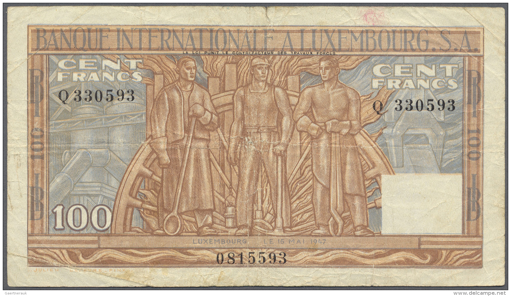 Luxembourg: 100 Francs 1947 P. 12, Used With Several Folds, Some Softness In Paper, A Center Hole, 5mm Tear At Upper Bor - Lussemburgo