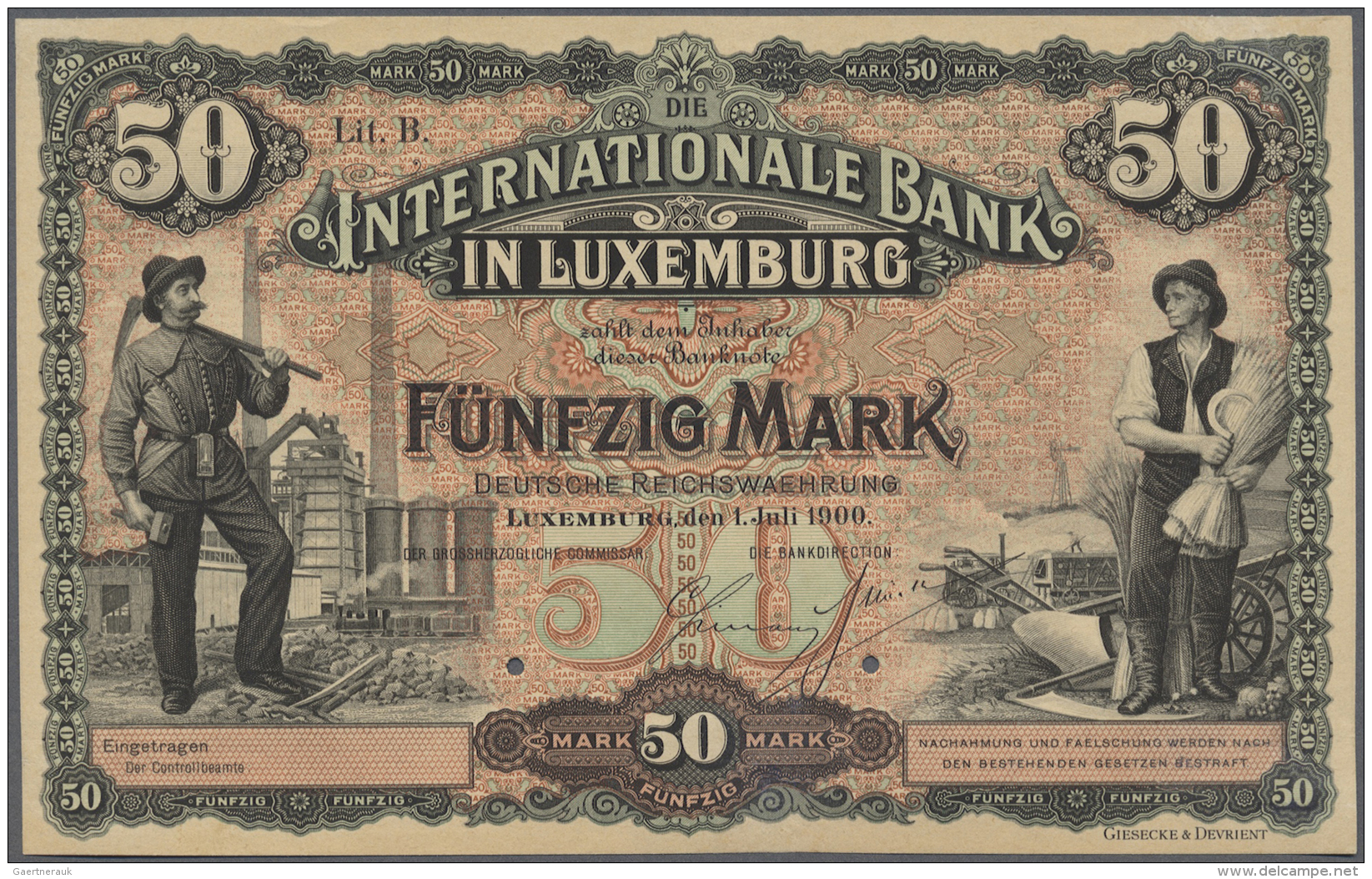 Luxembourg: 50 Mark 1900 Proof P. 5(p), Rare Note, Uniface Print, 2 Cancellation Holes, Beautiful Addition To Any Collec - Luxembourg