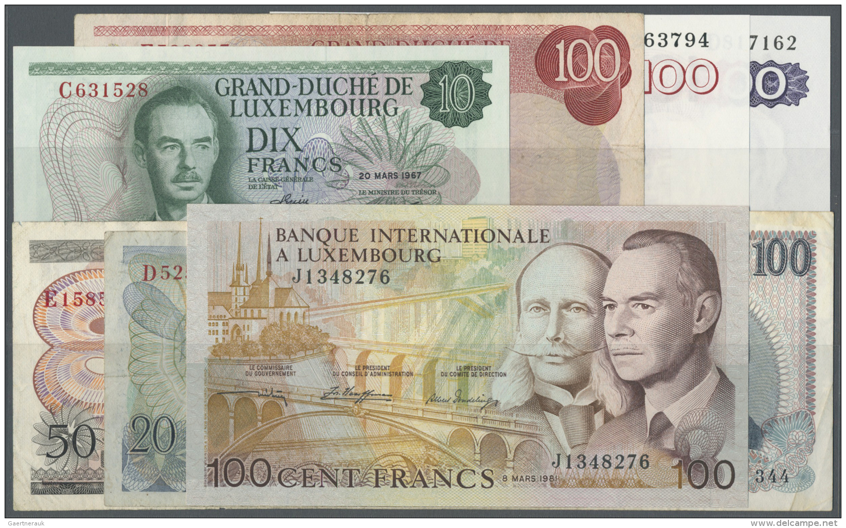 Luxembourg: Set Of 8 Notes Containing 100 Francs 1968 P. 14a (F), 100 Francs 1981 P. 14A (UNC), 10 Francs 1967 P. 53a (a - Luxembourg