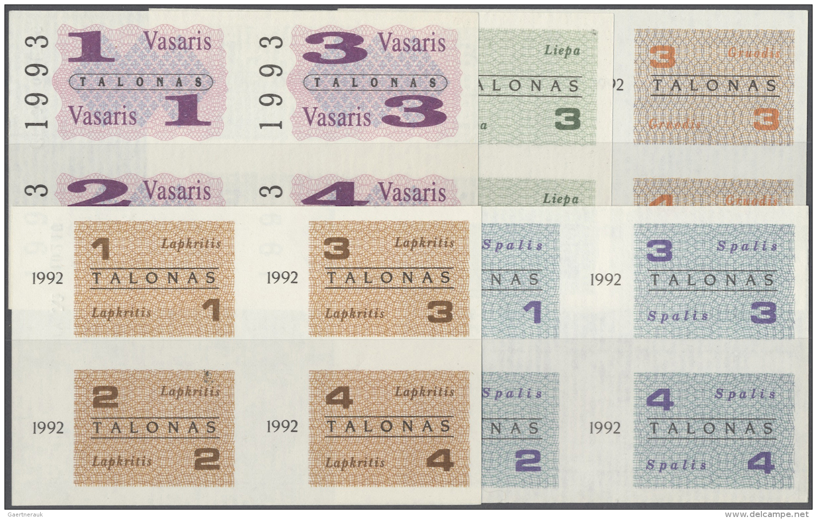 Lithuania / Litauen: Set Of 5 Notes "Lietuvos Respublika" 1-4 Talonas, 4 Times Dated 1992 And 1x Dated 1993, All In Cond - Lituanie