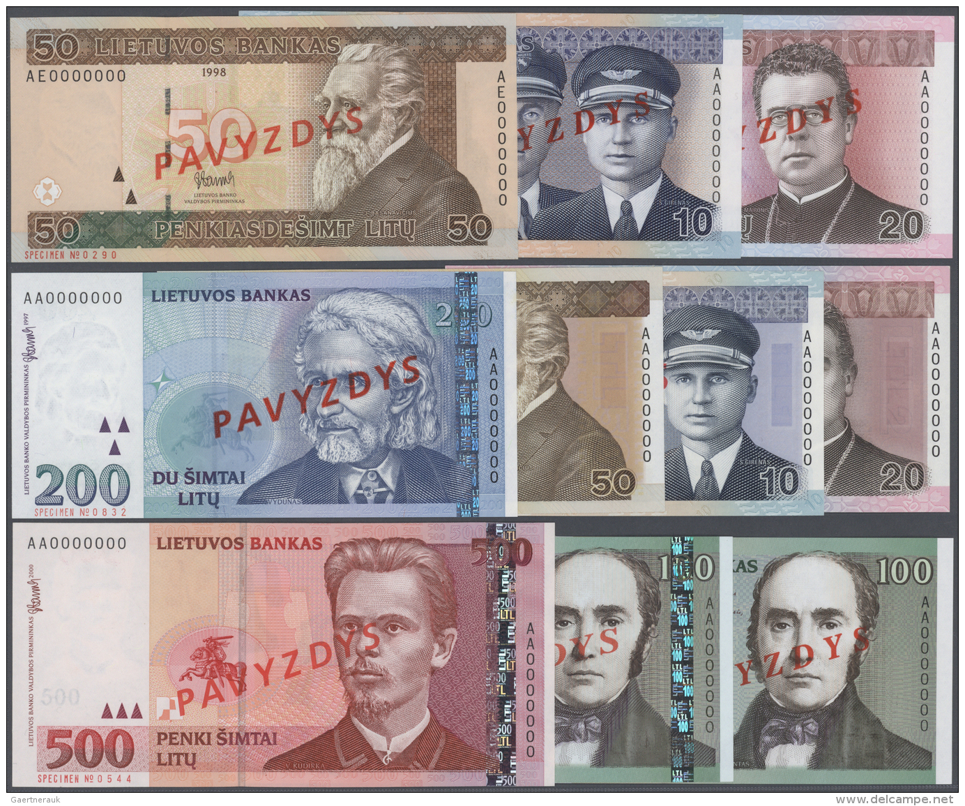 Lithuania / Litauen: Series Of 10 Specimen Banknotes Containing 50 Litu 1998, 10 Litu 2001, 20 Litu 2001, 10 Litu 2007, - Lituanie