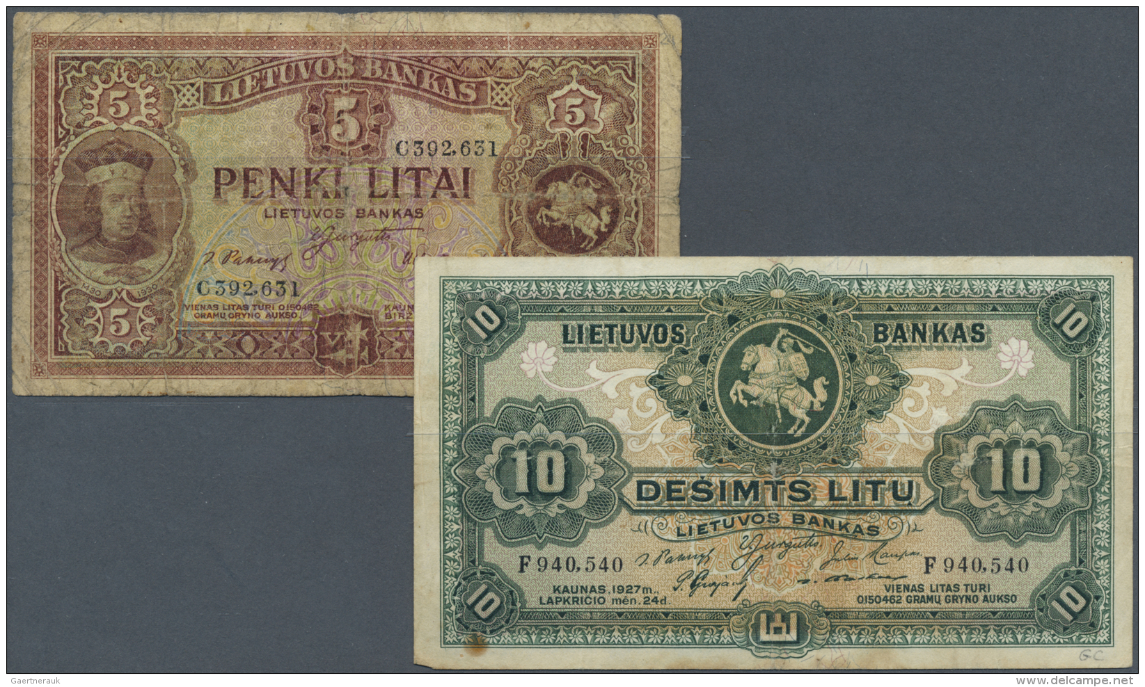 Lithuania / Litauen: Set Of 2 Notes Containing 10 Litu 1927 P. 23a (F+ To VF-) And 5 Litai 1929 P. 26 (F-), Nice Set. (2 - Lituania