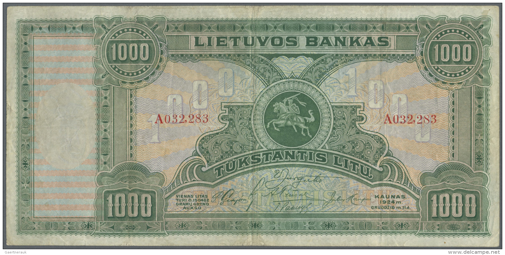 Lithuania / Litauen: 1000 Litu 1924 P. 22a, Center Fold And Handling In Paper, Several Vertical Folds, But No Holes Or T - Lituanie