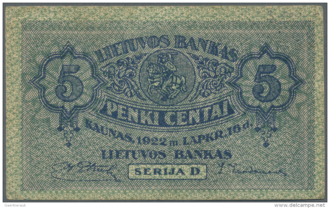 Lithuania / Litauen: 5 Centai 1922 P. 9a In Condition: F To F+. - Lituania