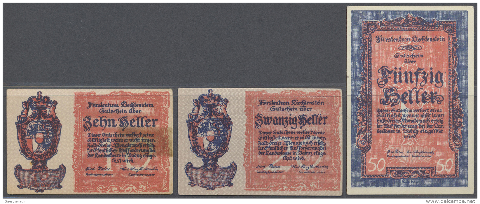 Liechtenstein: Complete Set Of 3 Notes Containing 10, 20 And 50 Heller ND(1929) P. 1,2,3. The 10 Heller Has A Tape Trace - Liechtenstein