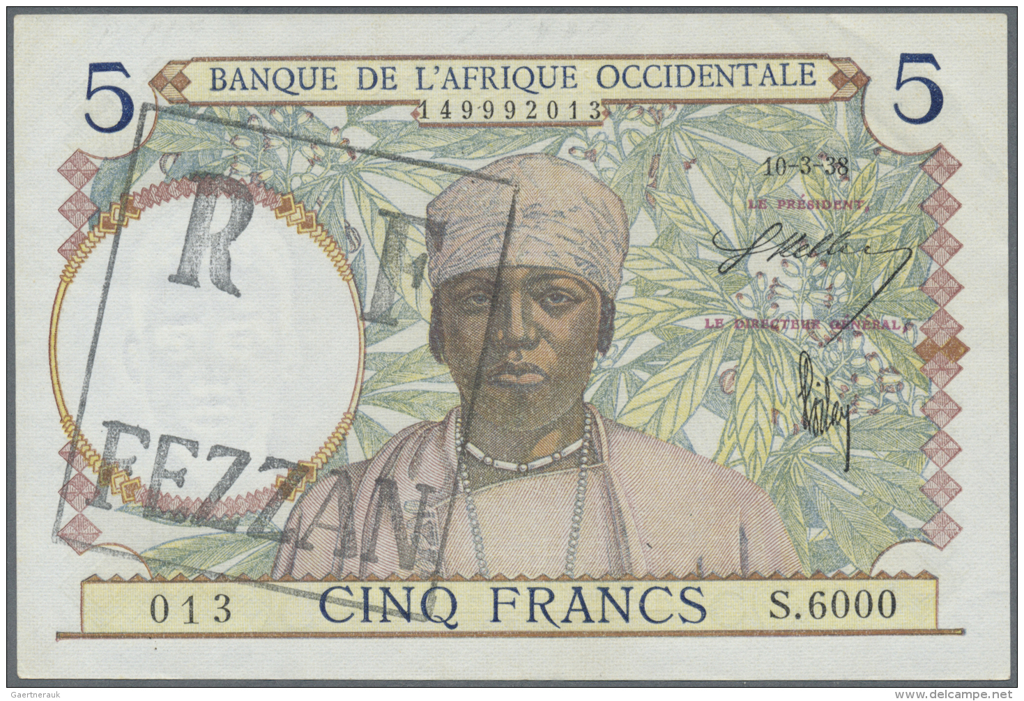 Libya / Libyen: 5 Francs Banque De L'Afrique Occidentale With Handstamp "FEZZAN" At Left ND(1940's), P.M9 With A Few Min - Libye