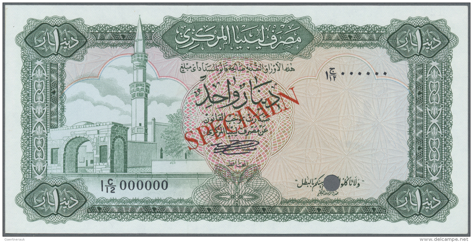 Libya / Libyen: 1 Dinar ND(1971/72) Color Trial (green Instead Of Blue) SPECIMEN, P.35bcts In Perfect UNC Condition - Libia