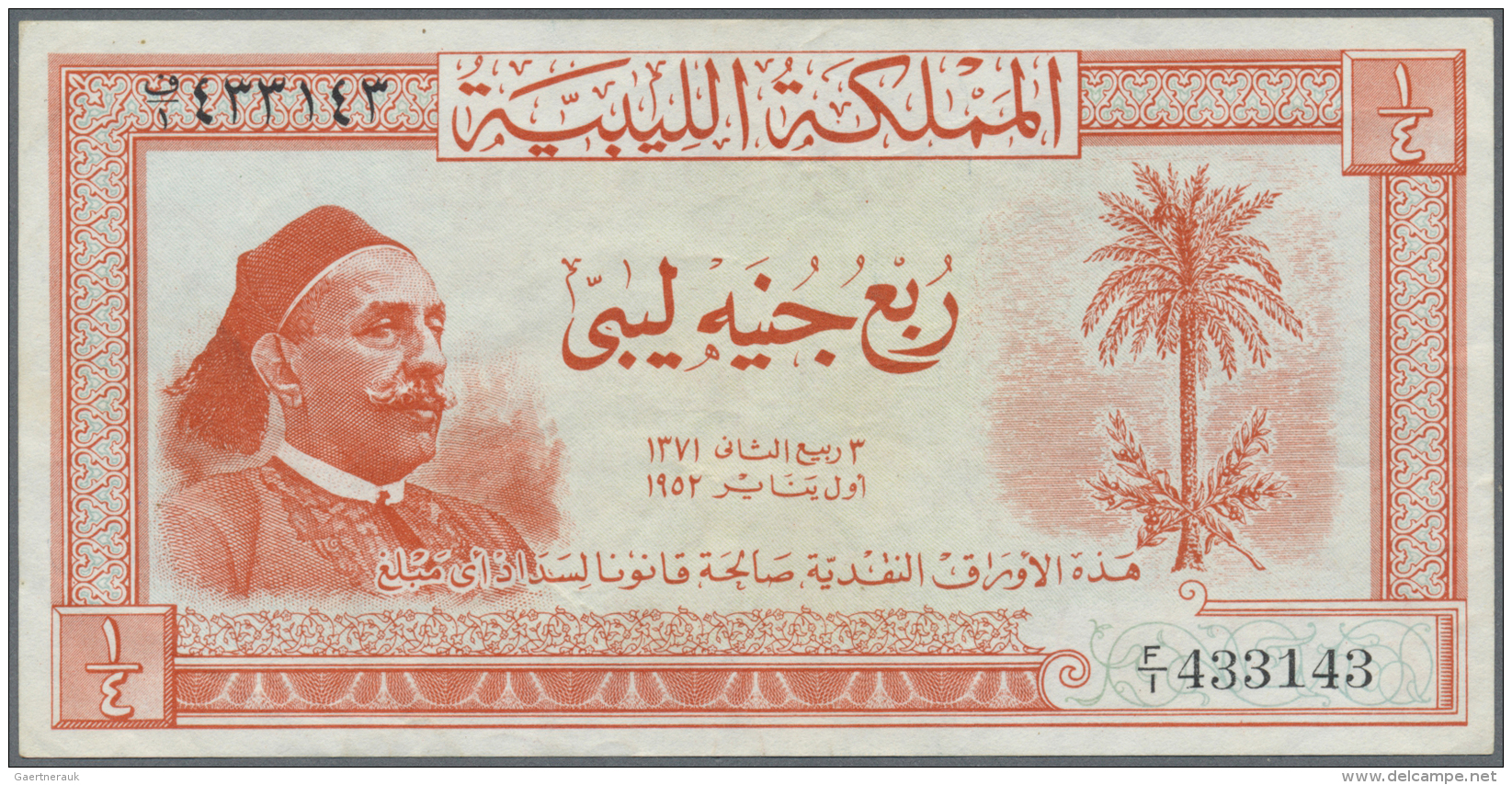 Libya / Libyen: 1/4 Pound 1952, P.14 With Portrait Of King Muhammad Idris As Sanussi At Left In Excellent Condition With - Libye