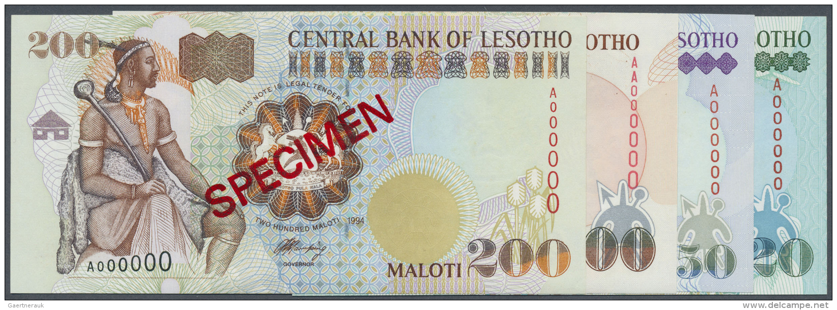 Lesotho: Set Of 4 Specimen Banknotes Containing 20, 50, 100 And 200 Maloti 1994 P. 16s-18s, 20s, All In Condition: UNC. - Lesoto