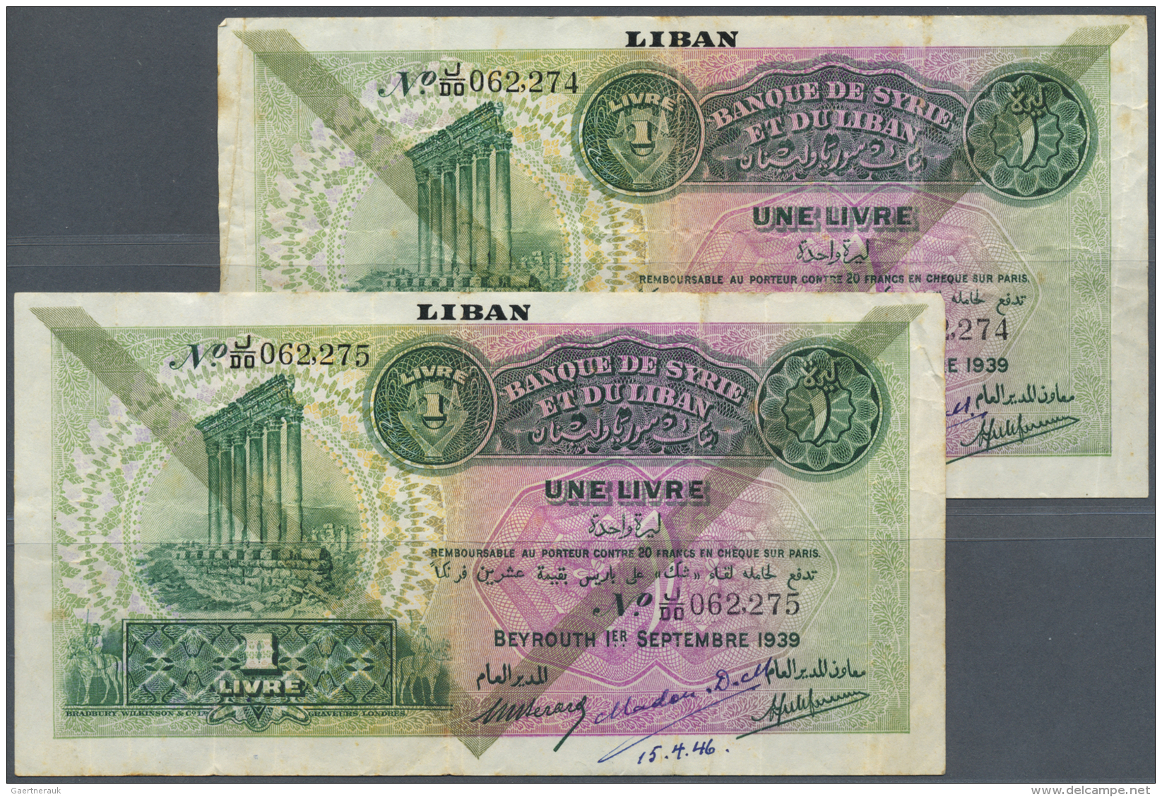 Lebanon / Libanon: Set Of 3 Notes Syria 1 Livre 1939 With Black Overprint LEBANON At Upper Border, 2 Consecutive Notes W - Liban