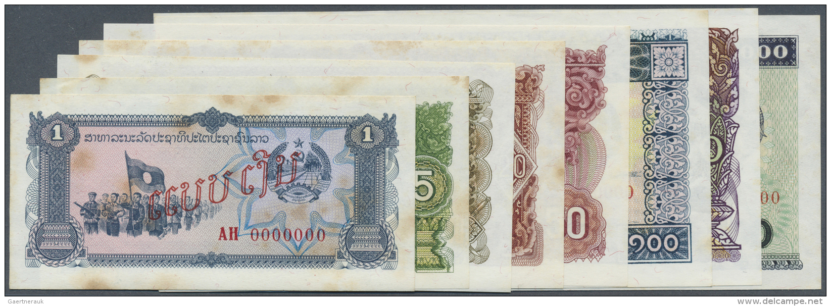 Laos: Set Of 8 Specimen Notes From 1 To 1000 Kip P. 25s-32s, All With Stains In Paper But Unfolded, Condition: XF+. (8 P - Laos