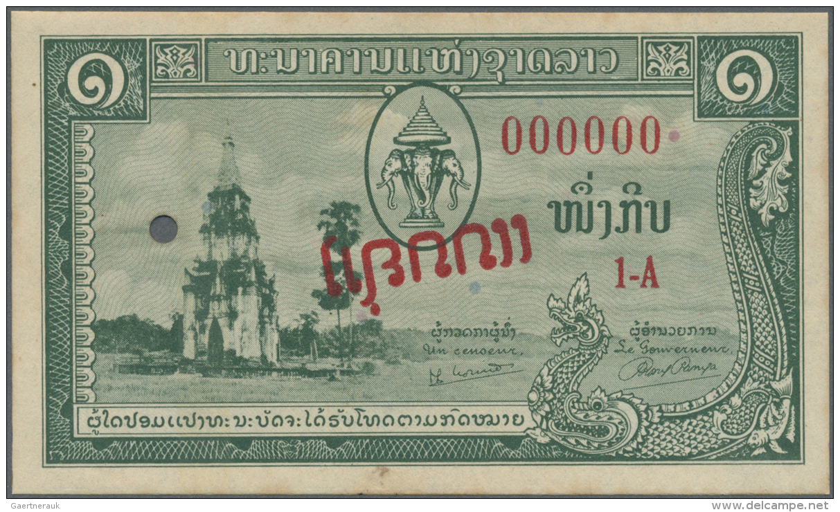 Laos: 5 Kip ND Specimen P. 1s, With Red Overprint, Cancellation Holes, Zero Serial Numbers, Never Folded But Stained Bac - Laos