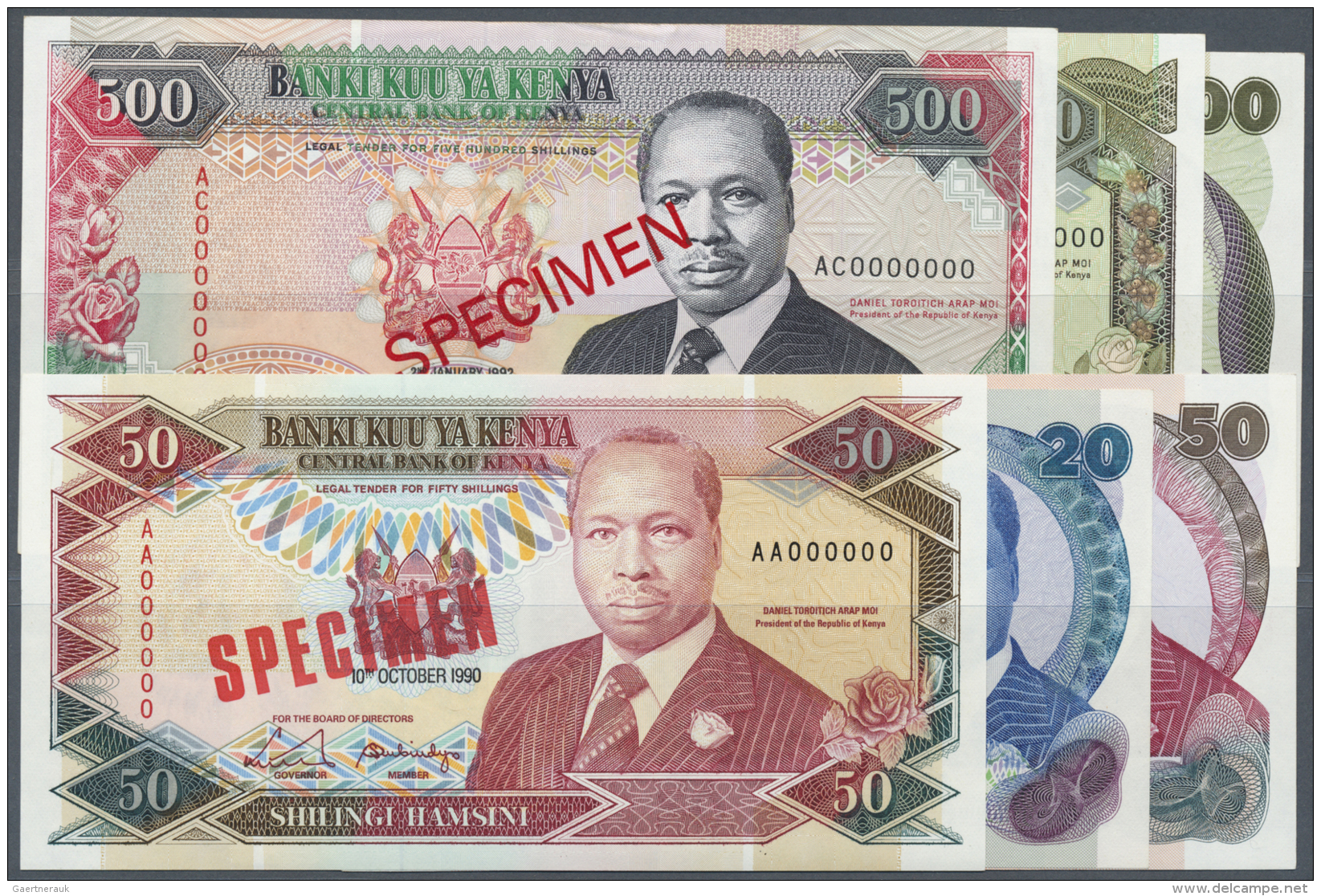 Kenya / Kenia: Set Of 6 Different Specimen Banknotes Containing 20 Shillings 1981, 50 Shillings 1988, 100 Shillings 1988 - Kenia