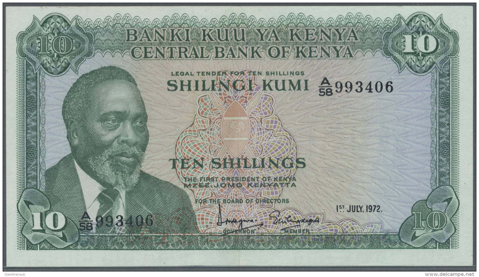 Kenya / Kenia: 10 Shillings 1972 P. 7c, Light Center Fold, Probably Pressed, Condition: XF. - Kenya