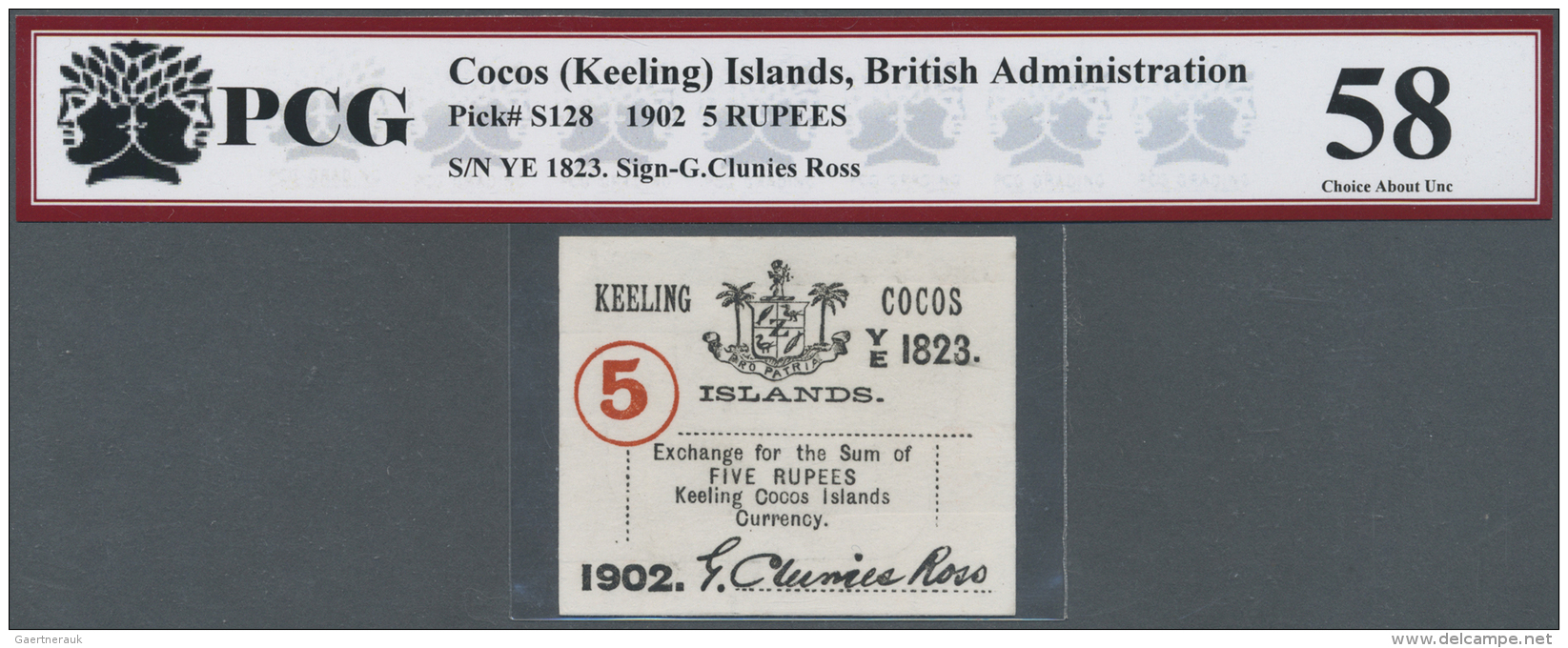 Keeling / Cocos Islands: 5 Rupees 1902 P. S128, PCG Graded 58 Chouce AUNC. - Autres & Non Classés