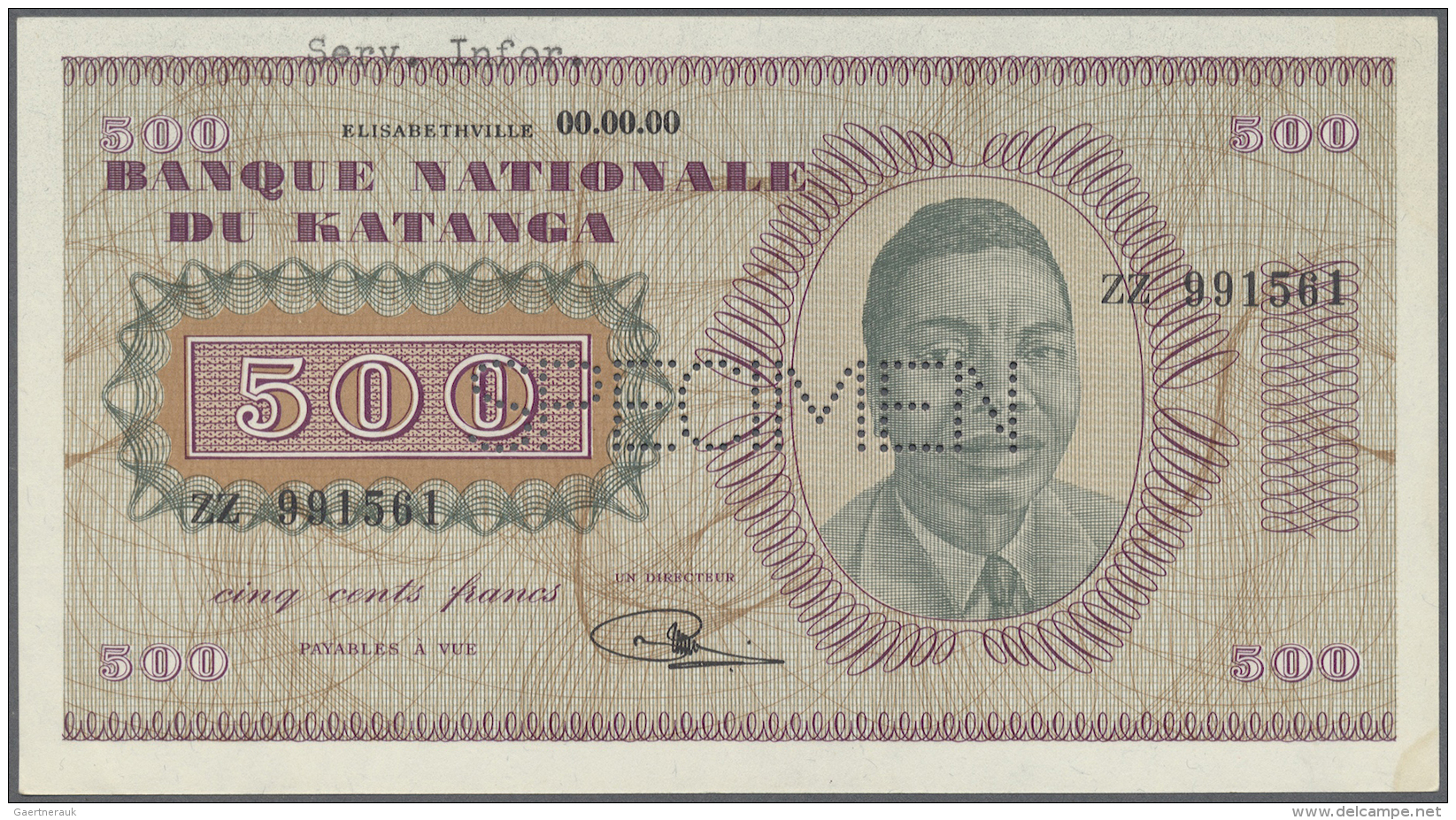 Katanga: 500 Francs 1960 Specimen P.9s With Portrait Of President Moise Tshomb&egrave;, Perforation Specimen At Center A - Altri – Africa