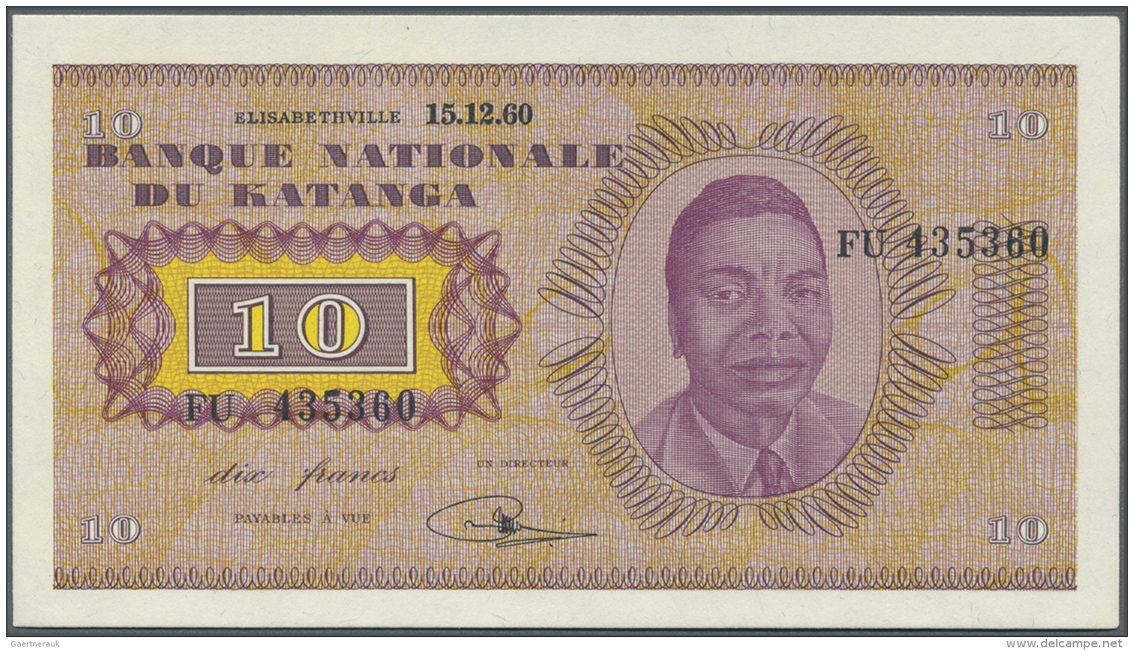 Katanga: 10 Francs 1960 P. 5a, 3 Very Light And Hard To See Dints In Paper, Condition: AUNC+. - Altri – Africa