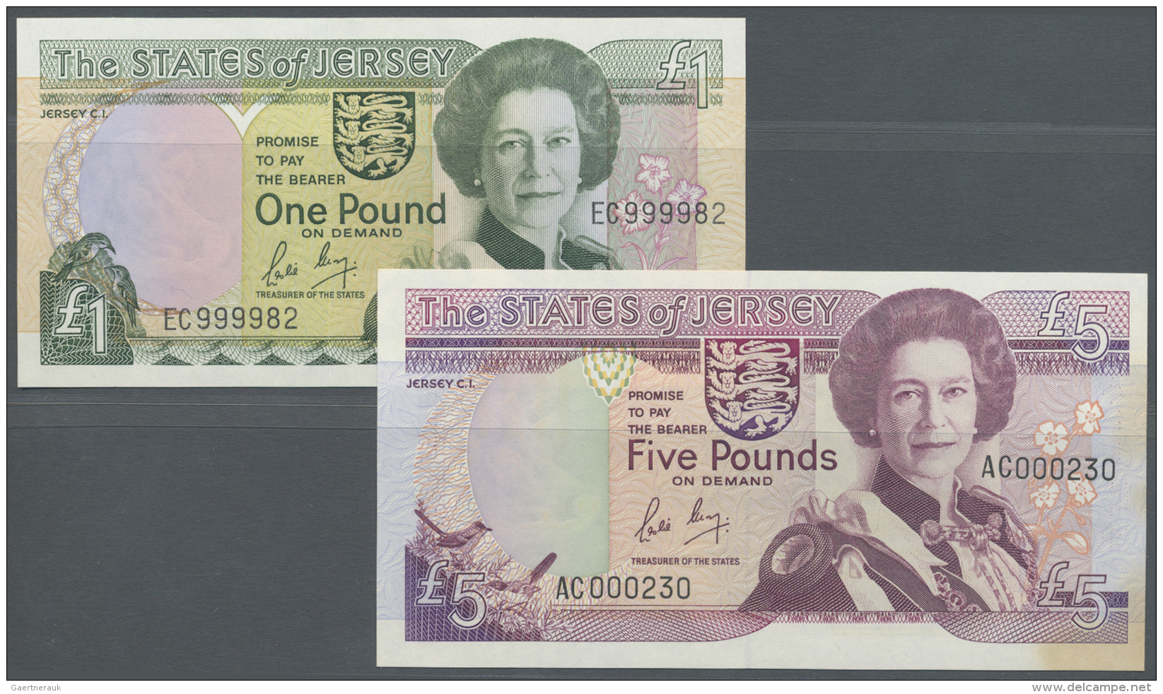 Jersey: Set Of 2 Notes 1 And 5 Pounds ND(1989), The First One In UNC, The Second One With Stains In Corners (XF), Nice S - Autres & Non Classés