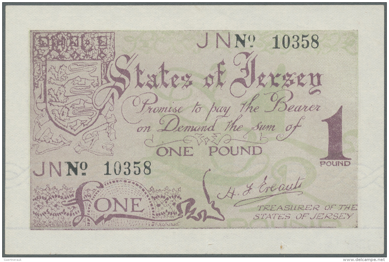 Jersey: 1 Pound ND(1941-42) P. 6a, One 2mm Tear At Lowe Rborder, One Light Fold, Very Crisp Original Paper And Bright Co - Autres & Non Classés