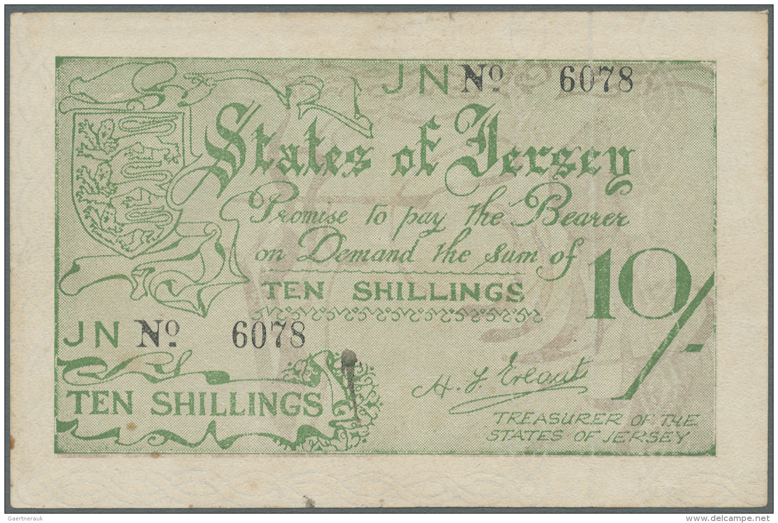 Jersey: 10 Shillings ND(1941-42) P. 5a, Light Center Fold, Some Stain Dots At Lower Left, Condition: XF. - Autres & Non Classés