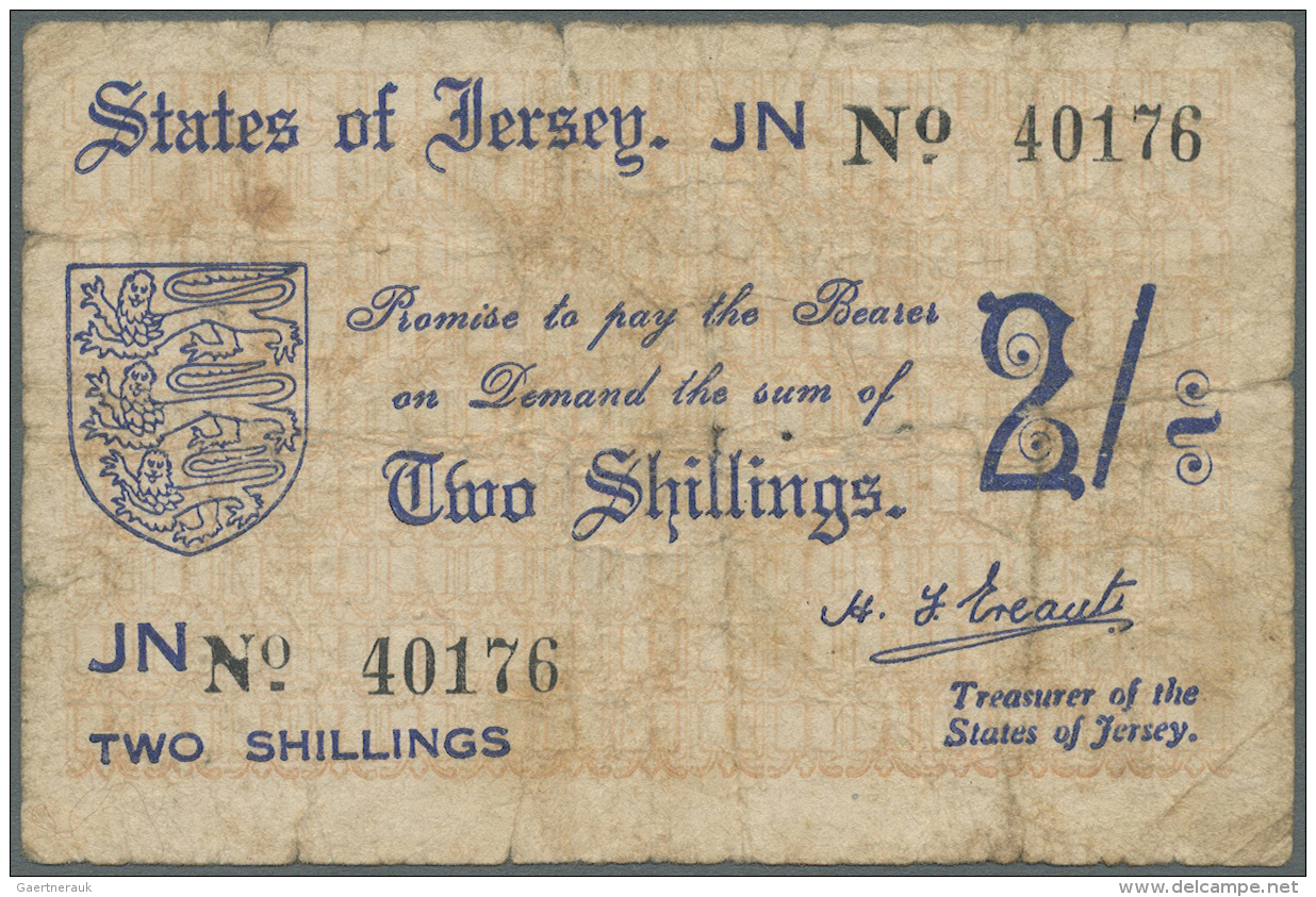 Jersey: 2 Shillings ND(1941-42) P. 4a, Stronger Used, Strong Center And Vertical Fold, Paper Softness, Small Holes In Pa - Altri & Non Classificati