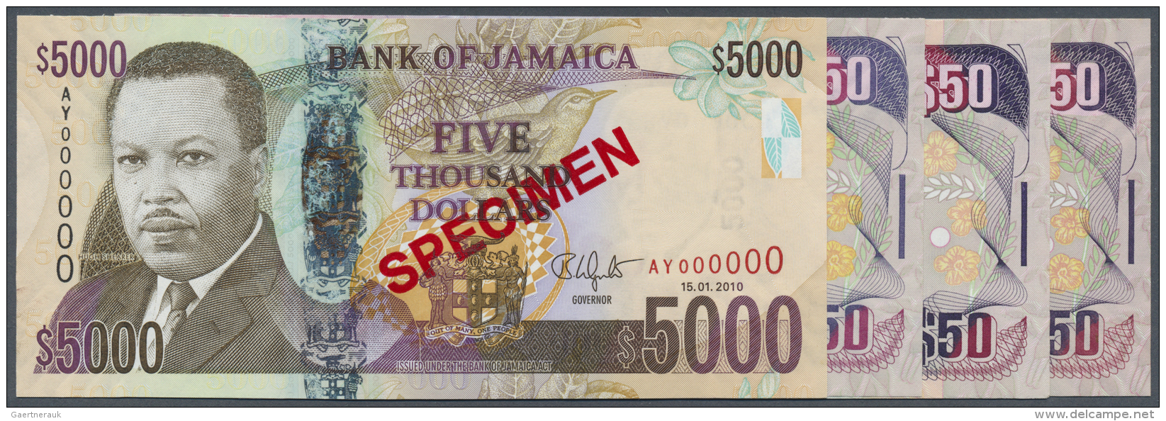 Jamaica: Set Of 4 Specimen Banknotes Containing 3x 50 Dollars 2012, 2010, 2007 P. 83s And 5000 Dollars Hybrid Note With - Jamaique