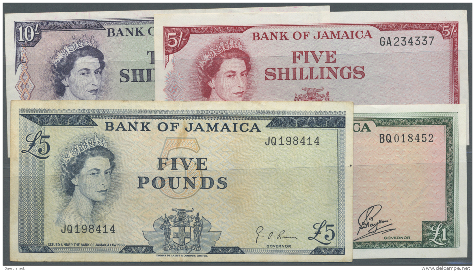 Jamaica: Set With 4 Banknotes Of The 1961 Series Containing 5 And 10 Shillings, 1 And 5 Pounds ND(1961), P.51Ad, 51Ba, 5 - Jamaique