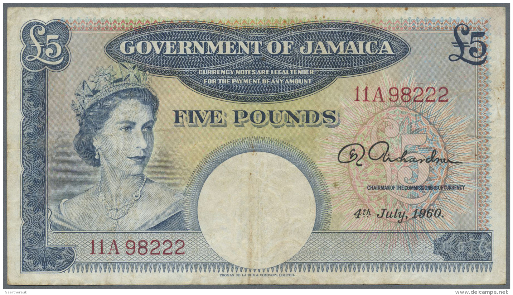 Jamaica: Jamaica: 5 Pounds July 4th 1960, P.48b, Stained And Slightly Yellowed Paper With Tiny Brownish Spots And Some F - Jamaique