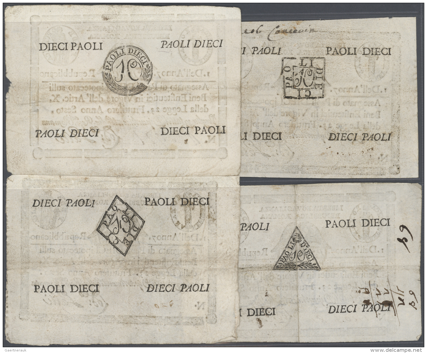 Italy / Italien: Set With 4 Banknotes Paoli 1798, One  With Value In Triangle On Back, One With  Value In Circle On Back - Autres & Non Classés