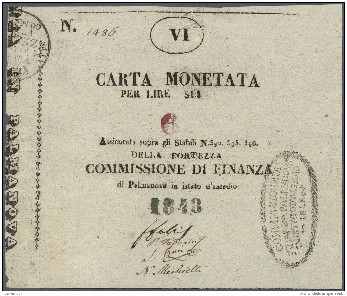 Italy / Italien: 6 Lire 1843 Commissione Di Finanza, Palmanova P. S249, Light Center Fold, Minor Splits At Left Boerder, - Altri & Non Classificati