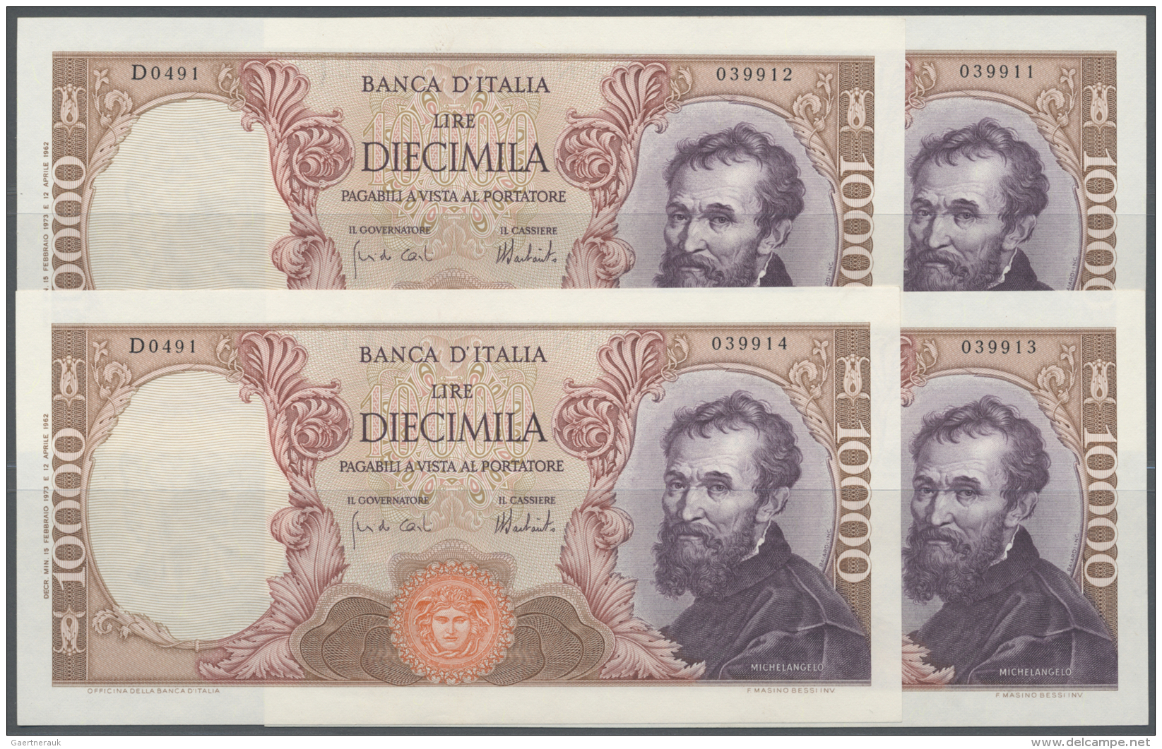 Italy / Italien: Set Of 4 CONSECUTIVE Banknotes 10.000 Lire 1973 Bi857, With Serial Numbers From #039911 To #039914, All - Autres & Non Classés