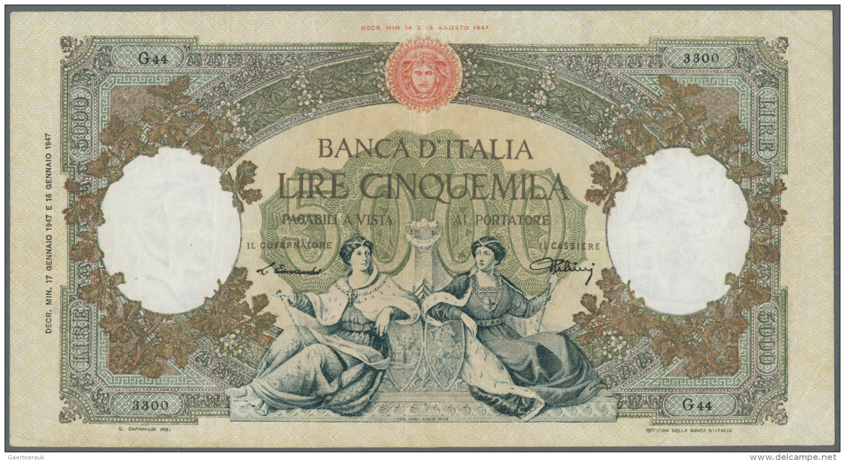 Italy / Italien: 5000 Lire 1947 P. 85a, Light Folds In Paper, Washed And Pressed But Still Strong Paper And Nice Colors, - Autres & Non Classés