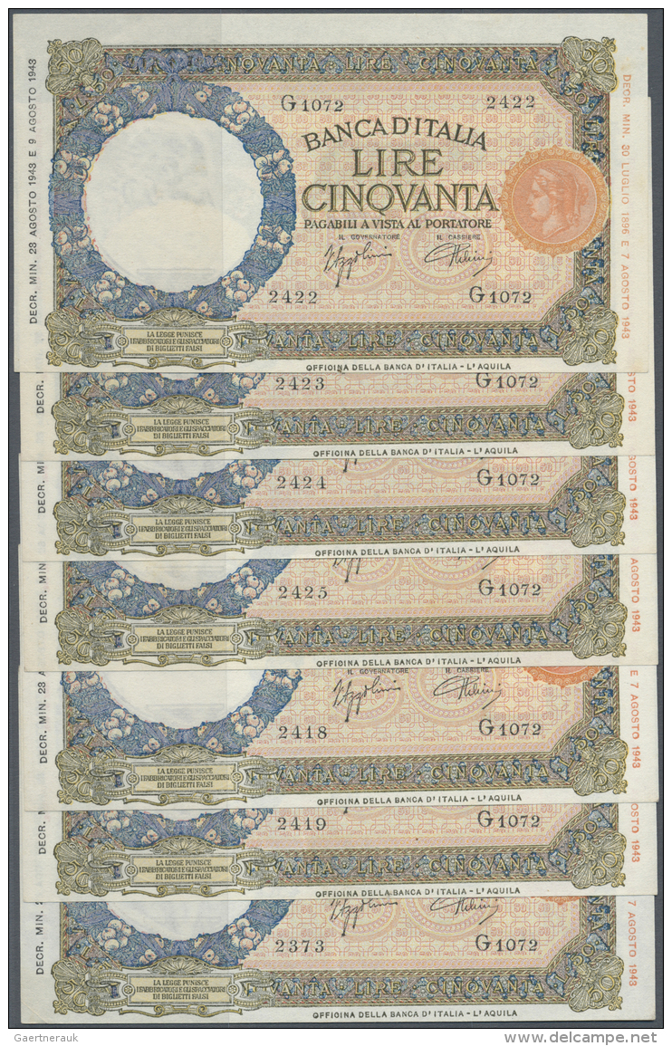 Italy / Italien: Nice Set Of 7 Banknotes 50 Lire 1943 In AUNC Condition, Partly Consecutive From #2422-2425 &amp; 2418-2 - Altri & Non Classificati