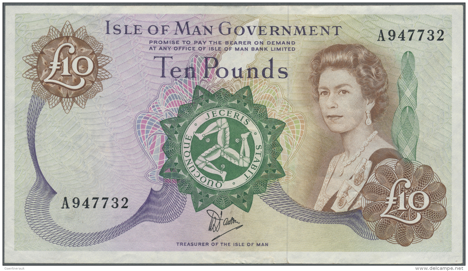 Isle Of Man: 10 Pounds ND P. 36b With Serial Prefix Letter, Light Center Fold And Some Creases In Paper, No Holes Or Tea - Altri & Non Classificati