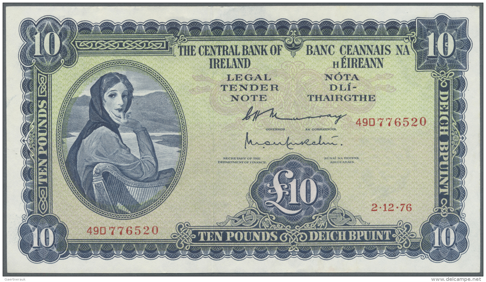 Ireland / Irland: 10 Pounds 1976 P. 66d, Light Creases And Handling In Paper, No Strong Horizontal Or Vertical Folds, Cr - Irlande