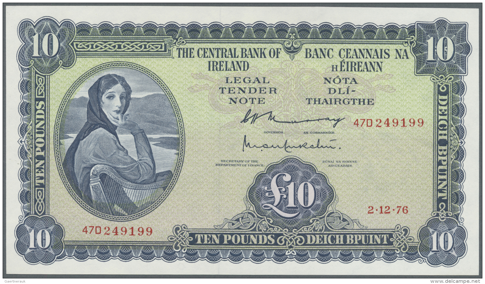 Ireland / Irland: 10 Pounds 1976 P. 66d, Unusual Condition, With Only Onle Light Dint At Right And At Left Border, Condi - Irlanda