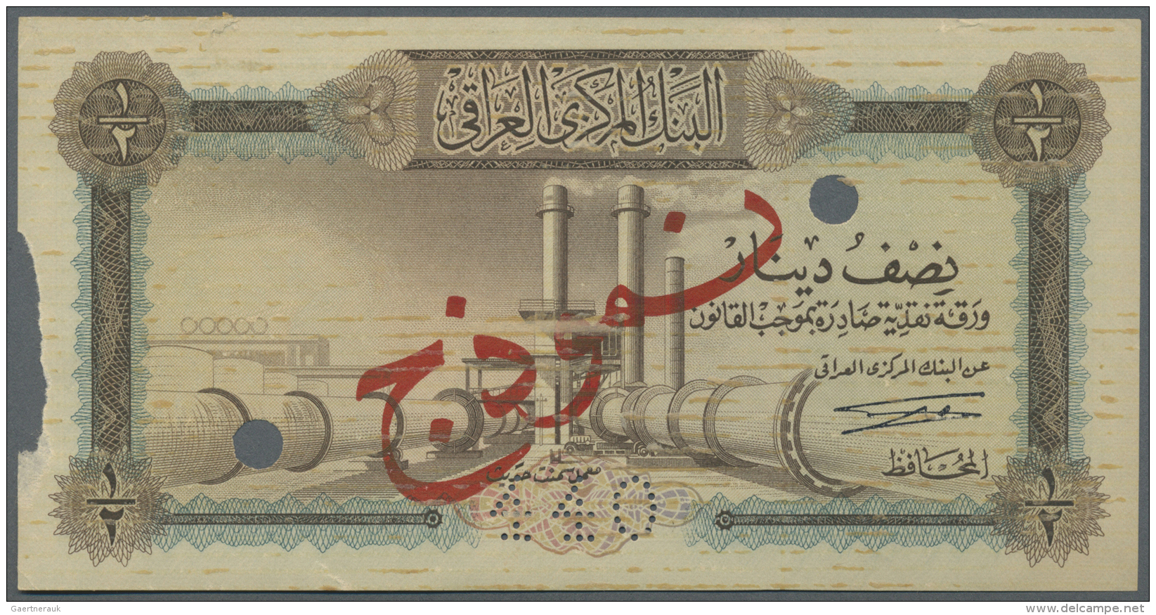 Iraq / Irak: Rare But A Bit Damages Specimen Note Of 1/2 Dinar ND P. 57s With Red Arabic Specimen Overprint And Perforat - Iraq