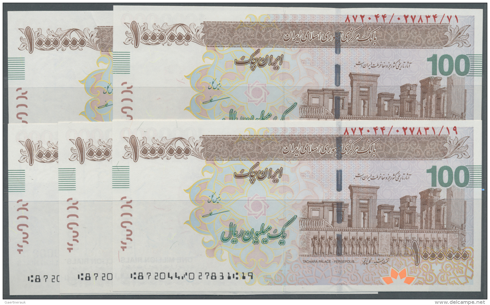 Iran: Set Of 5 Bank Cheques 1.000.000 Rials ND P. NL, All Bank Stamped On Back But All In Condition: UNC. (5 Pcs) - Iran