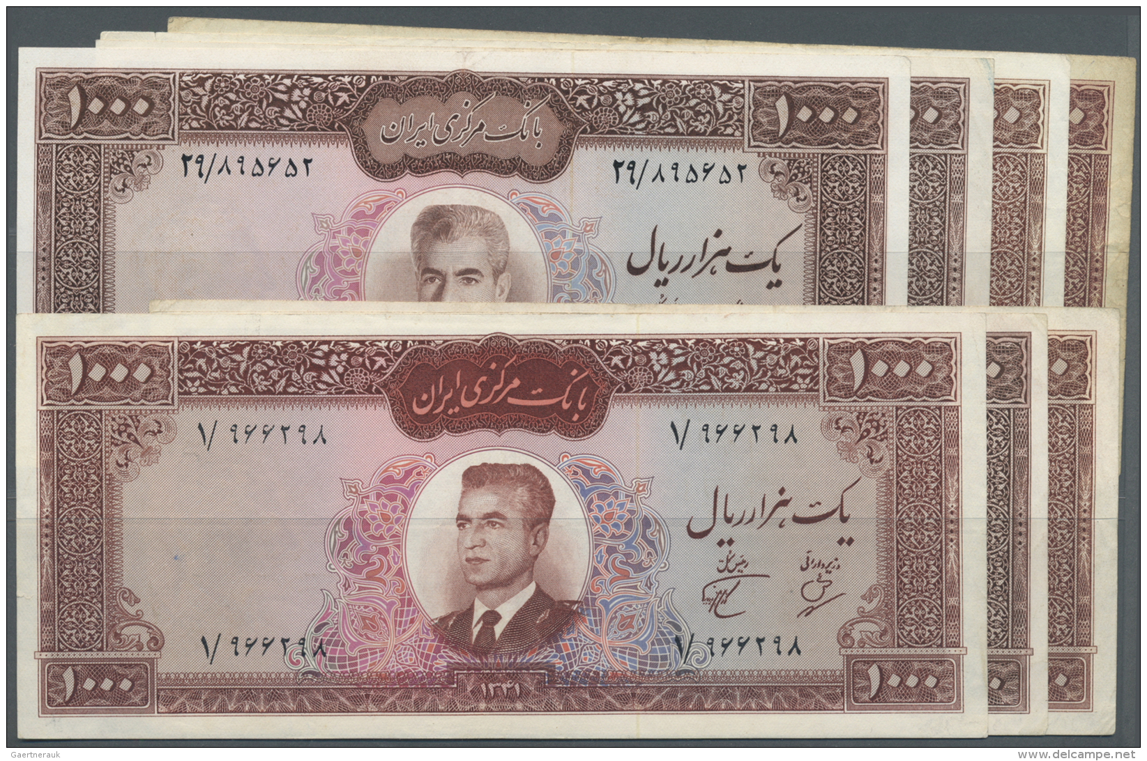 Iran: Set Of 7 Banknotes 1000 Rials Containing 2x P. 75 (2x F), P. 89 (VF+), P. 94b (pressed VF+), 2x P. 75 (pressed F), - Iran