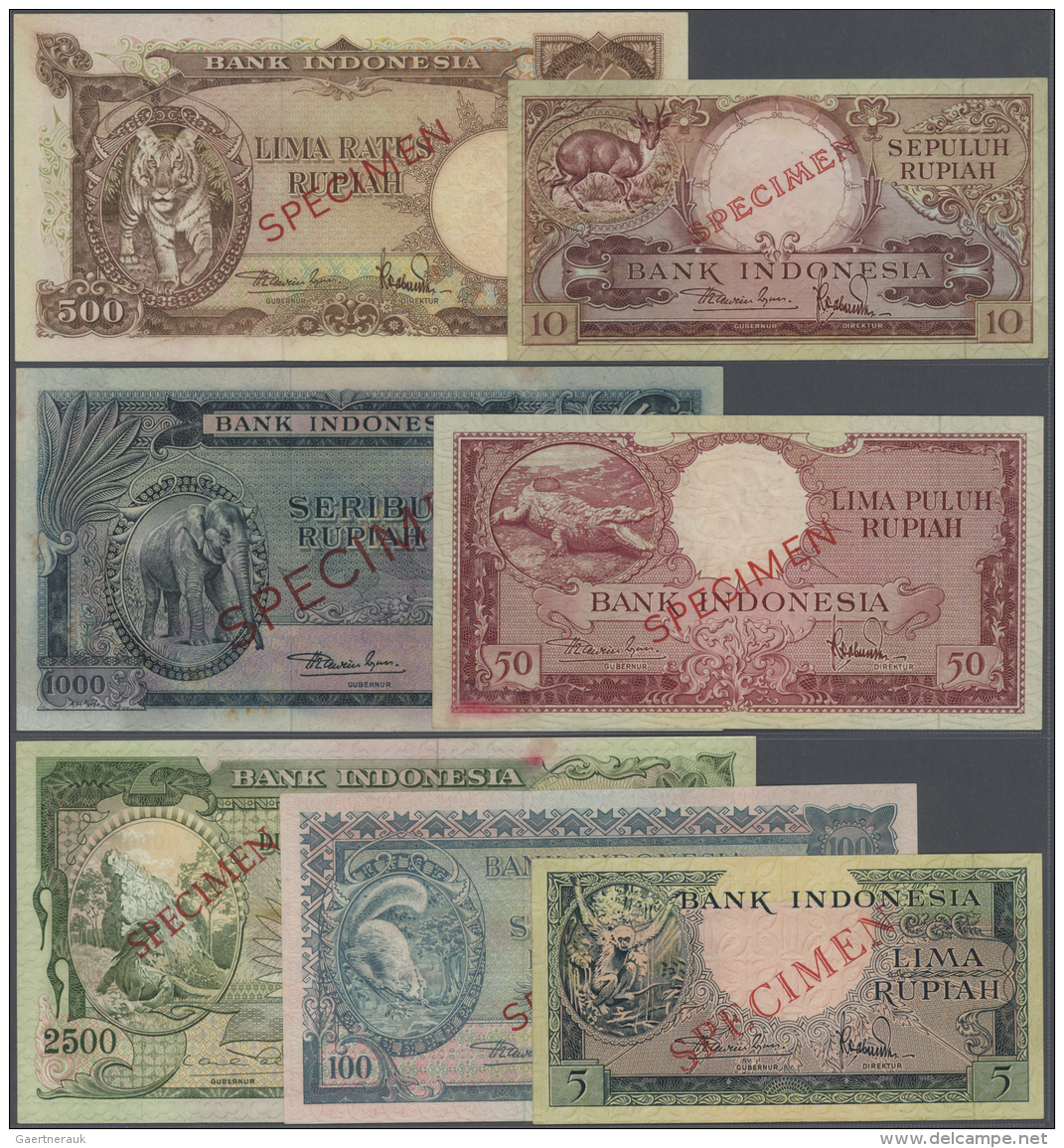Indonesia / Indonesien: Set Of 7 SPECIMEN Banknotes Containing 5, 10, 50, 100, 500, 1000 And 2500 Rupiah 1957 Specimen P - Indonesia